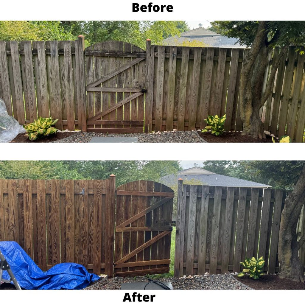 Before and After of Wooden Gate and Fence being pressure washed.